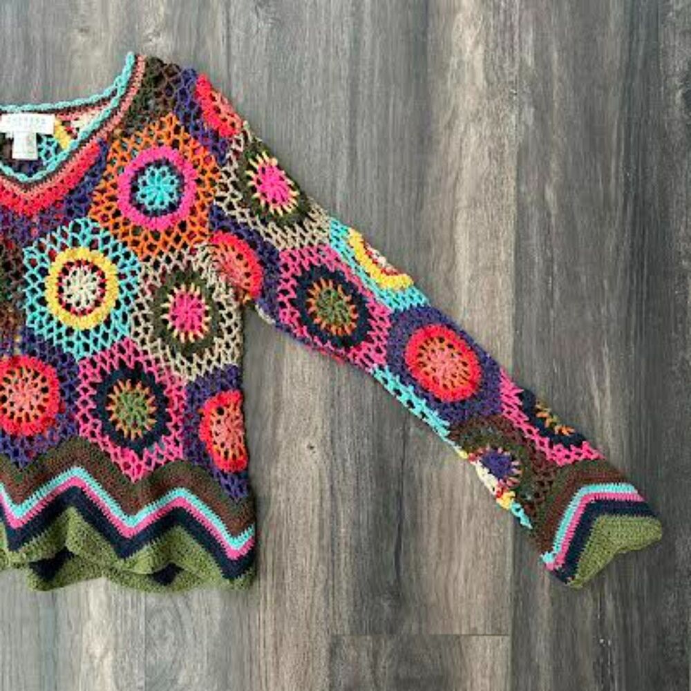 Vintage Express Tricot Open Knit Sweater Bright Floral Patchwork V-Neck Size Lg - Picture 5 of 8